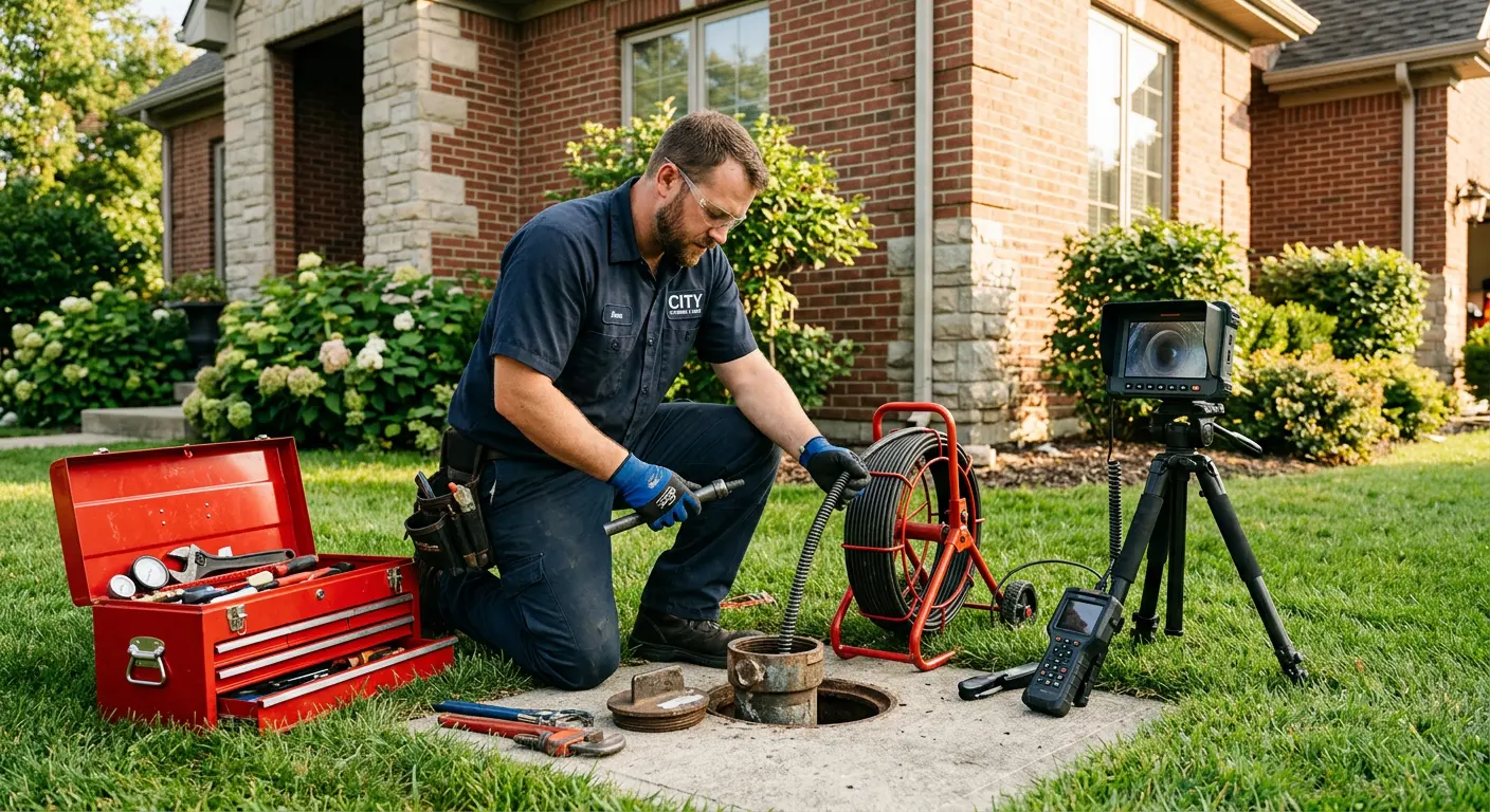 Sewer specialist with camera equipment servicing a cleanout in York