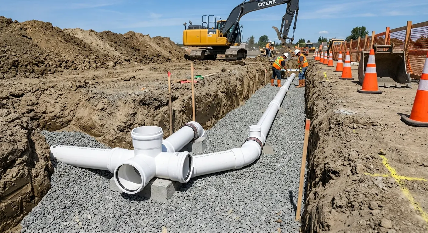 New PVC sewer pipe installation in open trench for Commercial Drain Cleaning in York